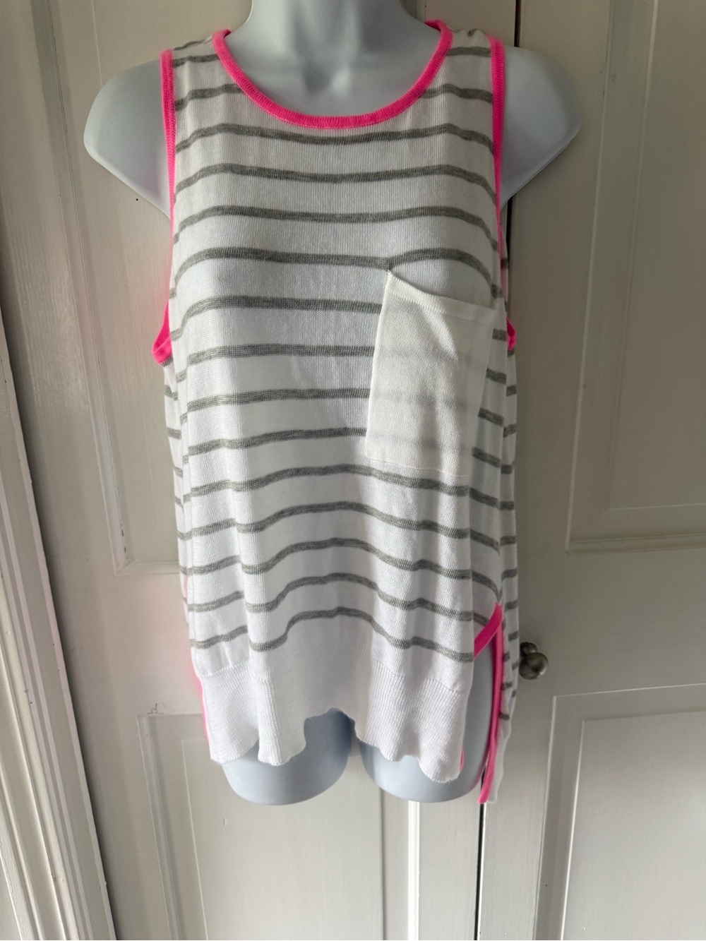 John + Jenn White Knit Top with Gray Stripes and Pink Trim